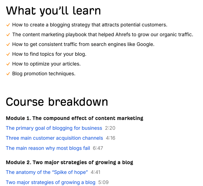 Pillar content pagina: Ahrefs' Blogging for Business Course