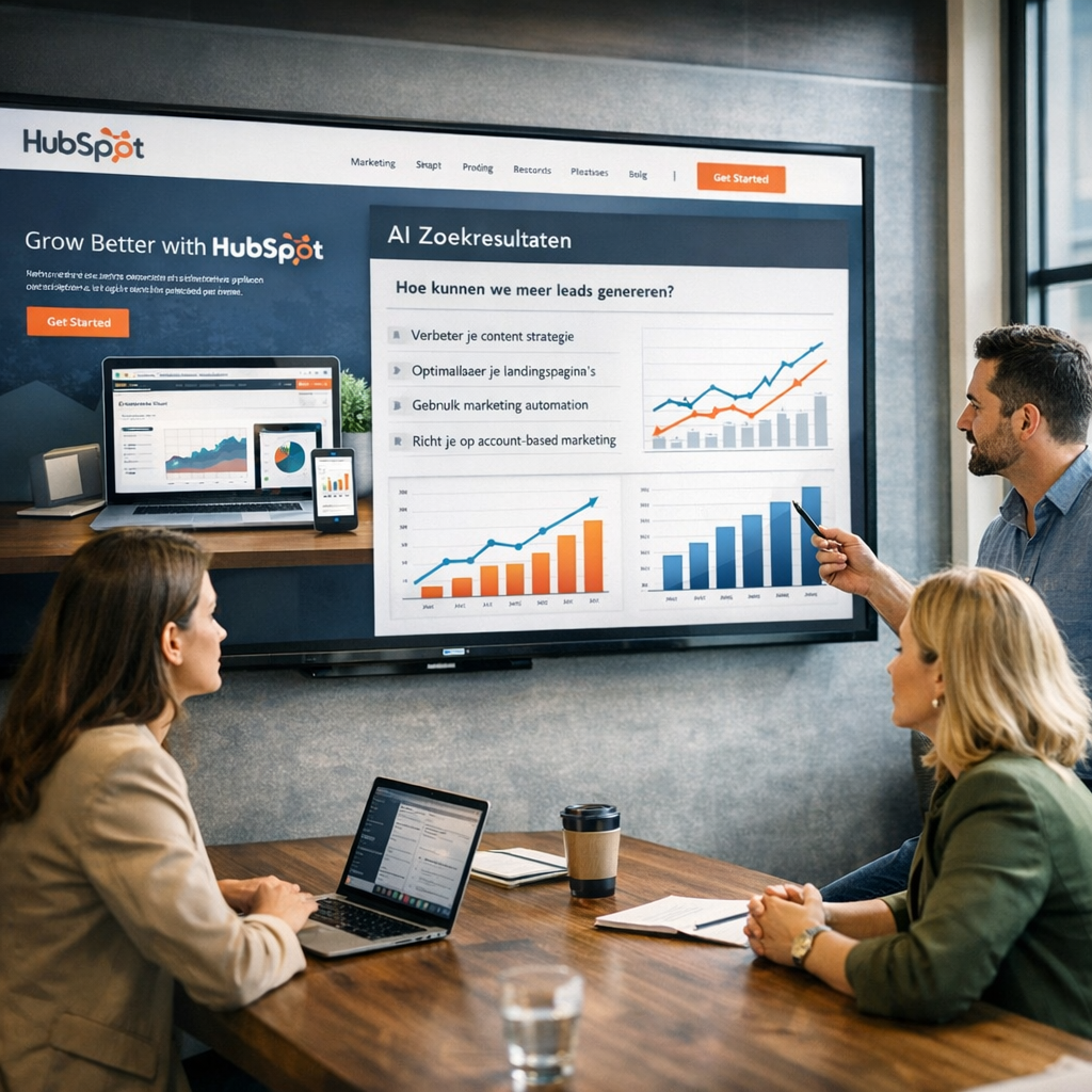 Modern B2B marketing team bekijkt een dashboard op een groot scherm waarop een HubSpotwebsite AIzoekresultaten en grafieken met groeiende lijnen zicht